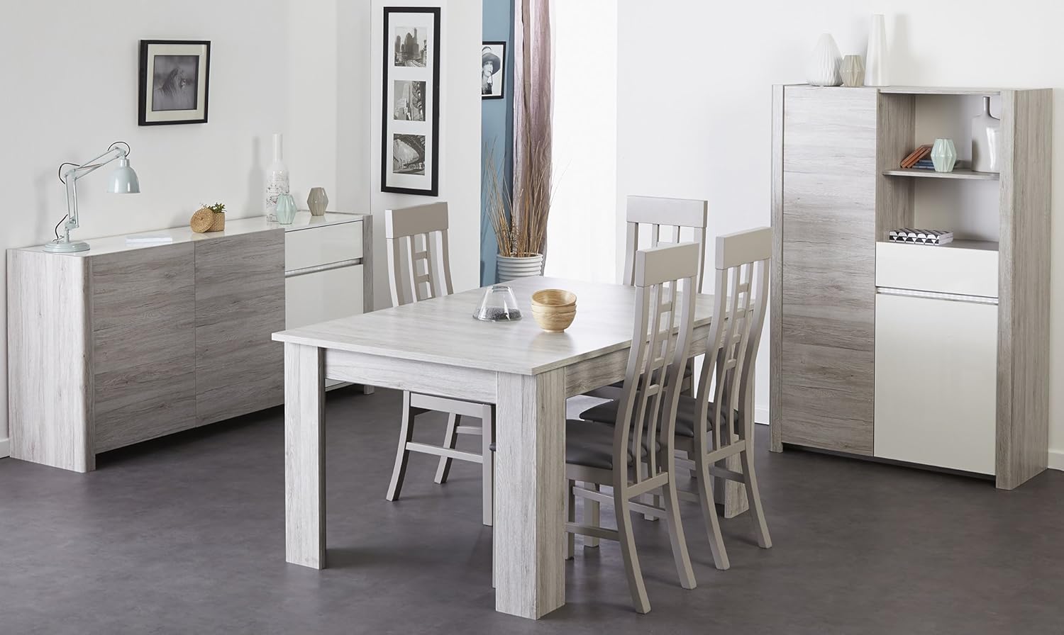 Esszimmer mit Tisch 155 x 101 cm Portofino grey/ weiss hochglanz