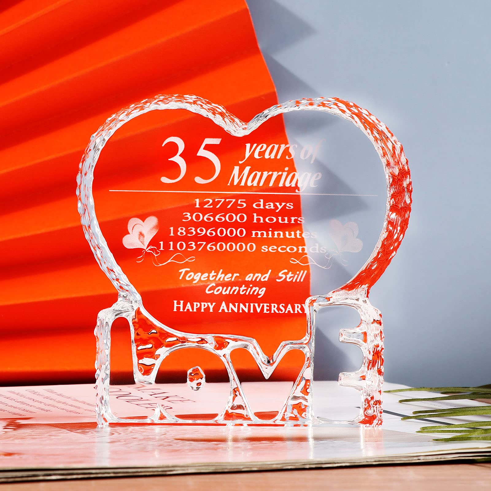 Movdyka Happy Anniversary 35th Coral Wedding Paperweight Crystal Romantic Plaque Gifts for Her 35 Years Anniversary Presents for Couple Parents