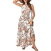 Rooscier Women's Sleeveless Boho Halter Neck Print Tiered A Line Beach Maxi Dress