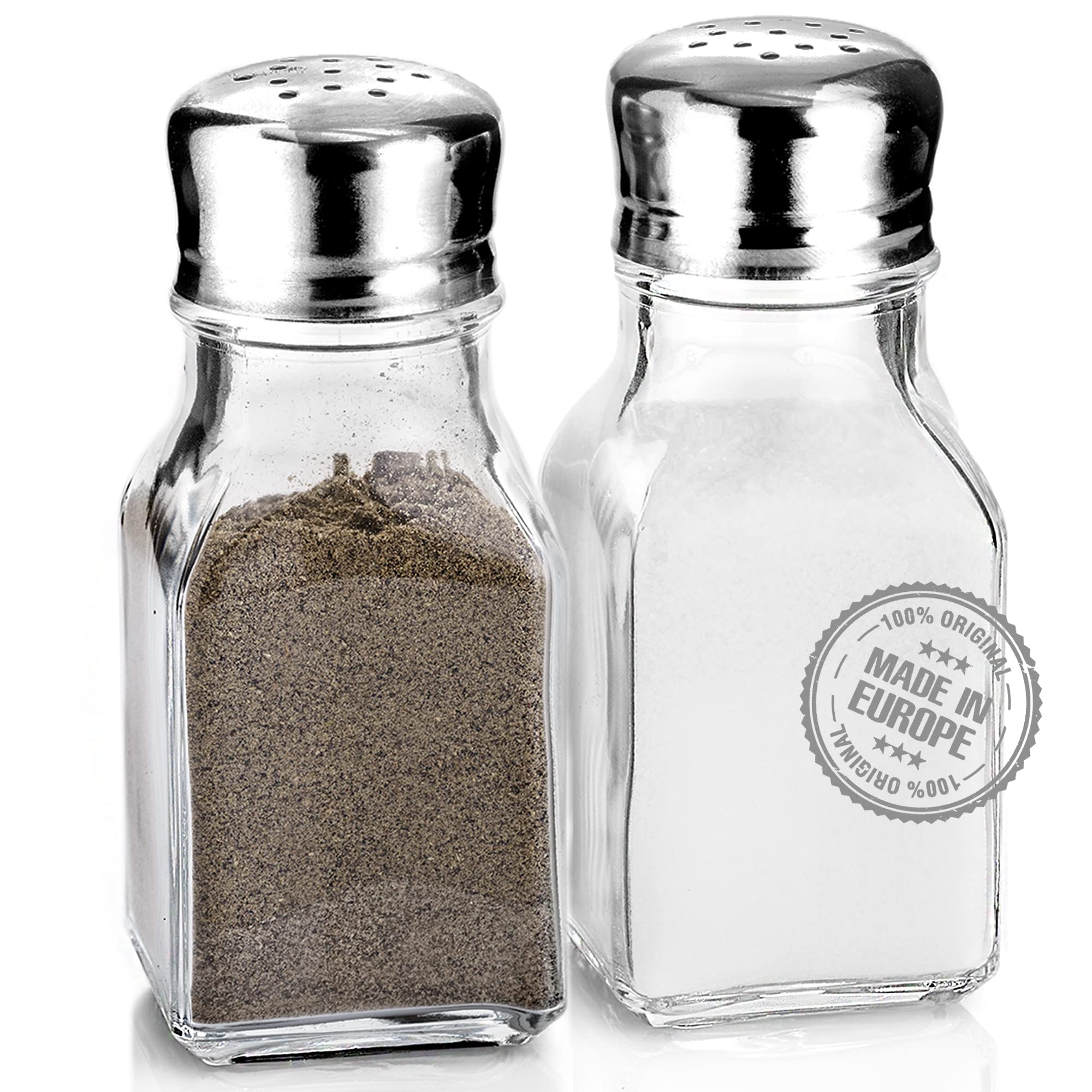 CRYSTALIA Salt and Pepper Shakers Glass Set, 100% Lead Free Salt Shaker with Stainless Steel Lids, Salt Shaker, Pepper Shaker, Spice Shaker, Salt Pepper Pots, Seasoning Shakers Salt Pepper Shakers