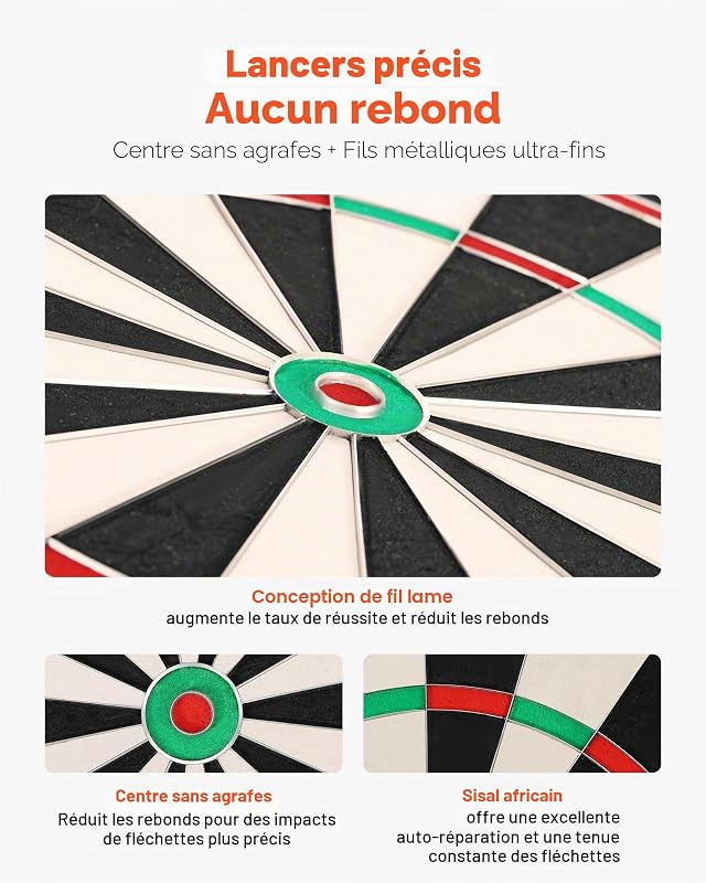 Cible de fléchettes, 450 mm, Planche à fléchettes Professionnelle en Fibre de sisal Auto-réparatrice avec œil de bœuf sans agrafes, Fil de Lame et Anneau Rotatif, pour Salle de Jeux à Domicile
