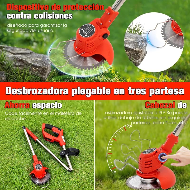 Desbrozadora a batería, desbrozadora eléctrica a batería, Equipada con 2 baterías y 4 Cuchillas, cortacésped Plegable de 800 W, Adecuado para Cortar el césped de Jardines y arbustos