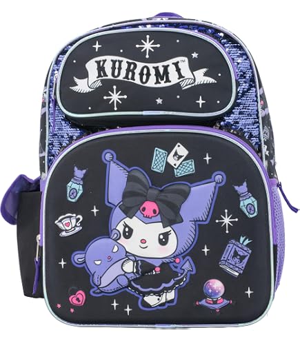 Hello Kitty Allover School Backpack - My Melody, Kuromi, Keroppi, Badtz-Maru - Backpack for Boys, Girls, Women - Official Character School Bookbag (Kuromi Black)