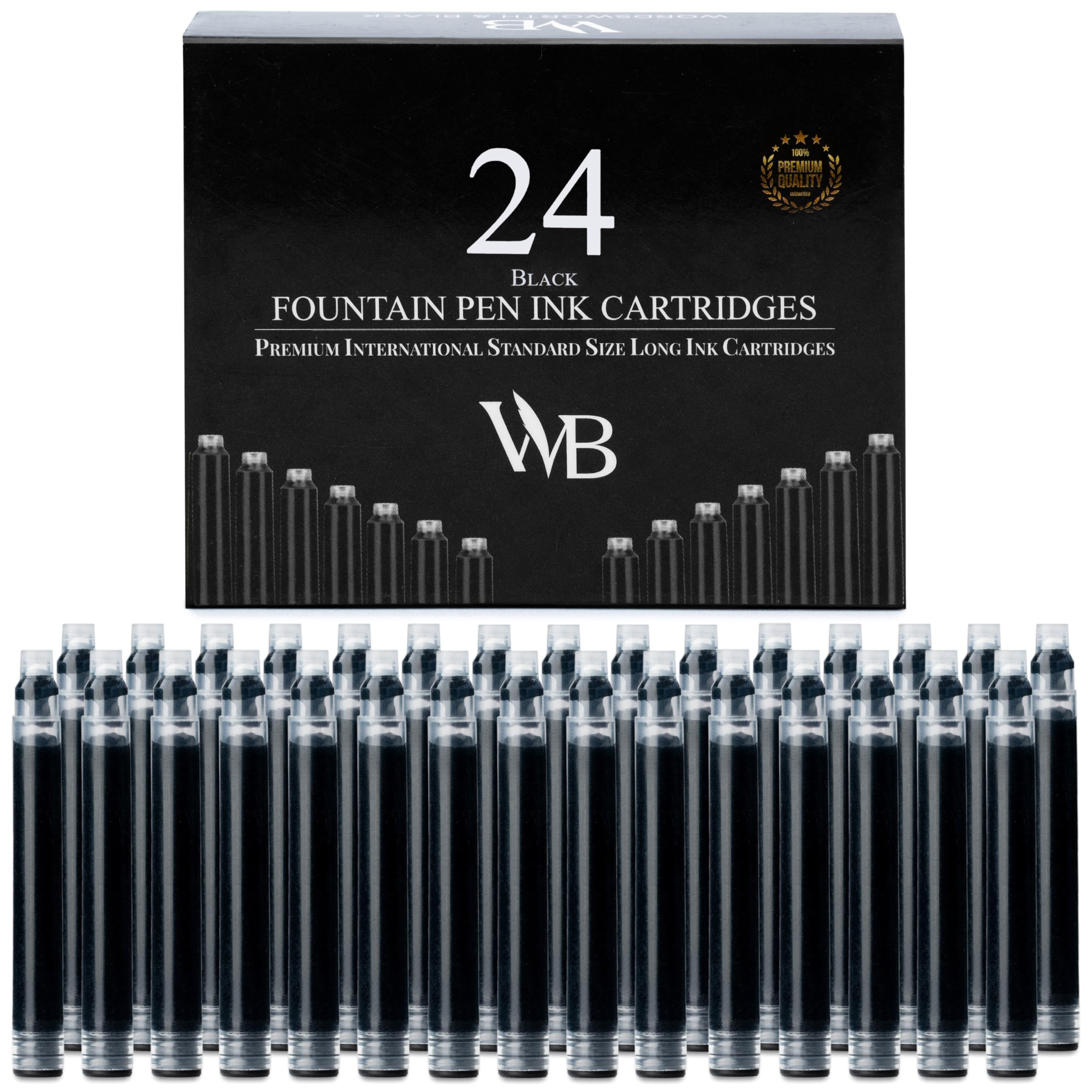Wordsworth & Black 24 Pack Fountain Pen Ink Refills - Set of 24 Black Ink Cartridges - International Standard Size - Length APPR 2.3" - Base Diameter APPR 0.24" - Disposable and Generic