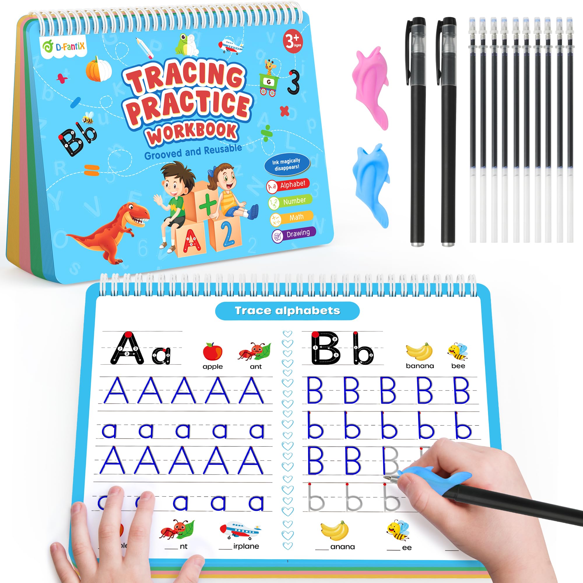 D-FantiX 4 in 1 Large Magic Groove Practice Copybook, Reusable Grooved Handwriting Workbooks, Number Alphabet Tracing Books for Kids Ages 3-8, Handwriting Practice for Kids Kindergarten Preschool