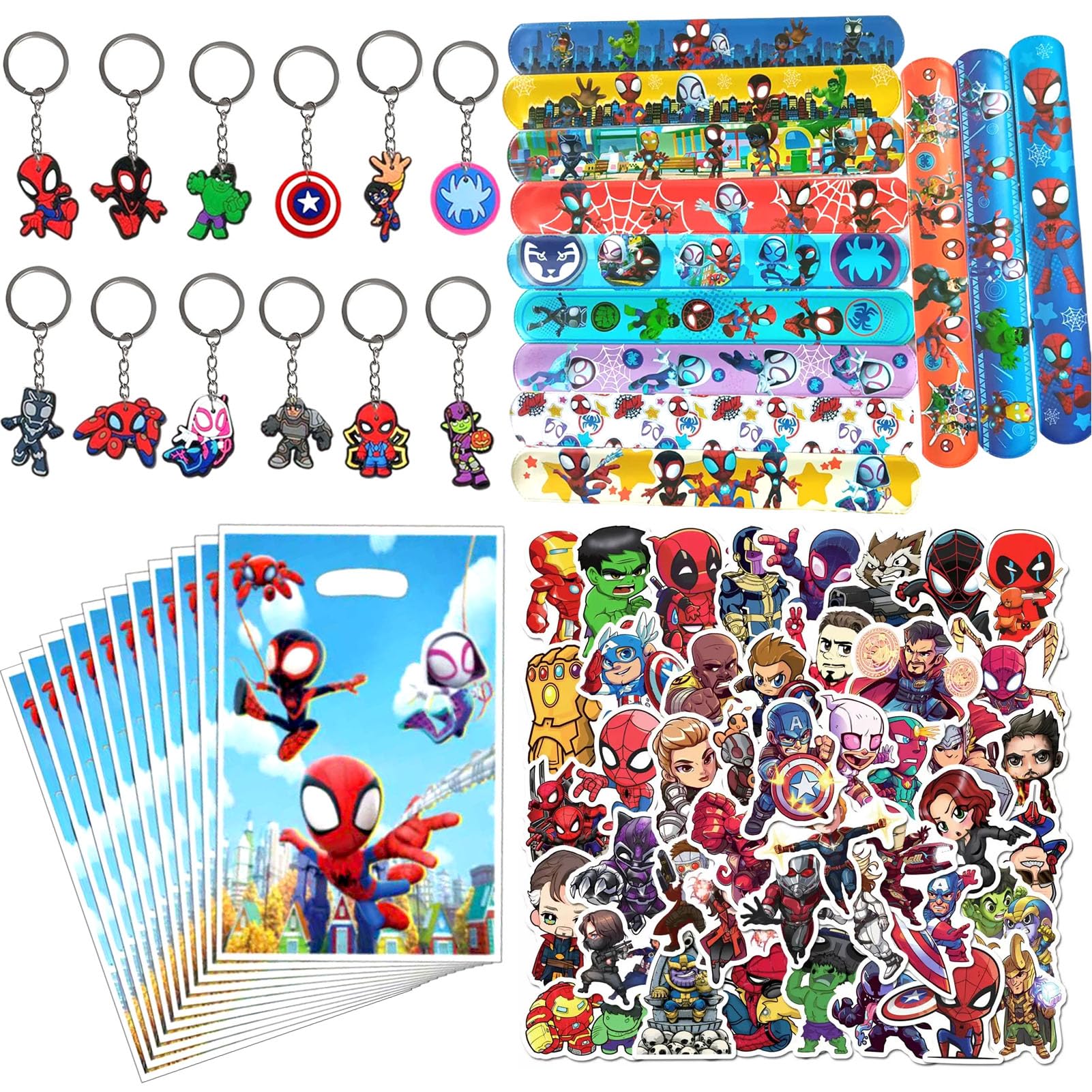 LGUZAKO 94pcs Party Favors, Party Bag Fillers for 12 Wristbands 50 Stickers 10 Keychains 10 Gift Bags Party Fvours for Birthday Christmas Crackers (Filler 84)