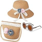 Xtinmee 3 Pcs Summer Hat Bag Sunglasses Set Straw Hat Pocket Bag Flower Round Sunglasses for Kids Activities Outdoor