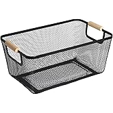 AJIODA Metal Mesh Steel Basket, Large Wire Storage Organizer Basket Multi-function Hanging Kitchen Baskets with Wood Handle for Kitchen Bathroom Picnic Home, Rectangle-Black