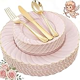 YOUBET 125Pcs Pink Plastic Plates with Gold Rim - Scalloped Plastic Plates Set Includes 25 Dinner, 25 Dessert Plate, 75 Gold Silverware for 25Geusts for Wedding Birthday Parties Baby Shower Valentines