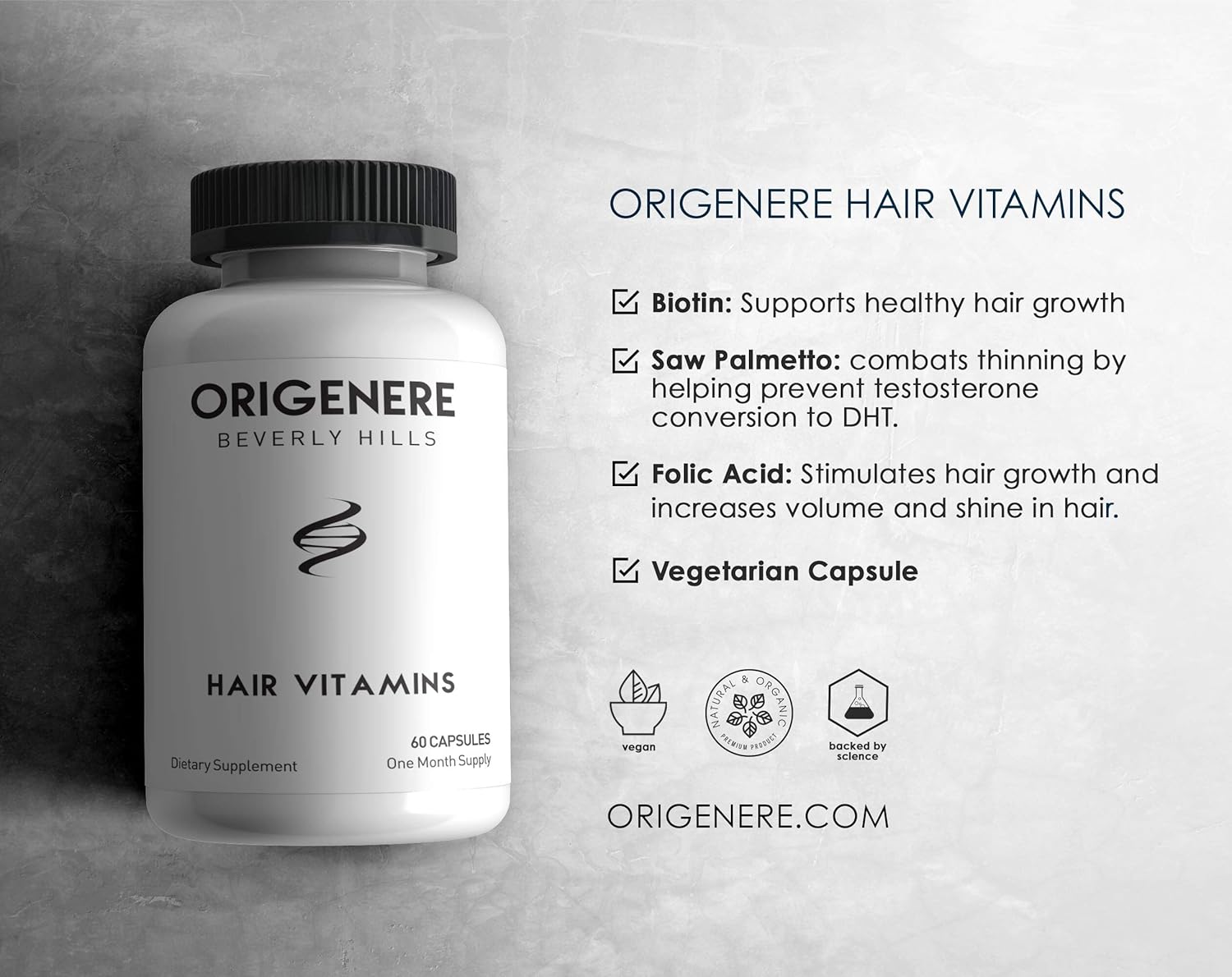 Origenere - Hair Vitamins - for Hair Loss/Thinning Hair - New Formula - 60 ct: Health & Personal Care