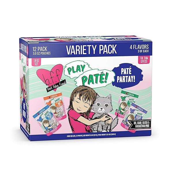 WERUVA B.F.F. PLAY – BEST FELINE FRIEND PATÉ LOVERS, AW YEAH!, PATÉ PARTAY! VARIETY PACK, 3OZ POUCH (PACK OF 12)