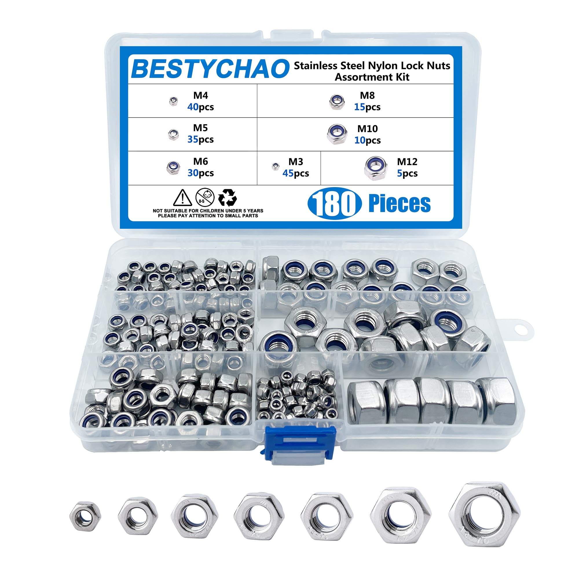 BESTYCHAO 180pcs Nylon Lock Nuts Stainless Steel Insert Hex Nut Assortment Kit, Self-locking Lock Nuts M3 M4 M5 M6 M8 M10 M12