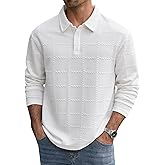 VOGSTART Men's Textured Polo Shirt Cable Knit Long Sleeve Button Down Pullover (S-XXL)