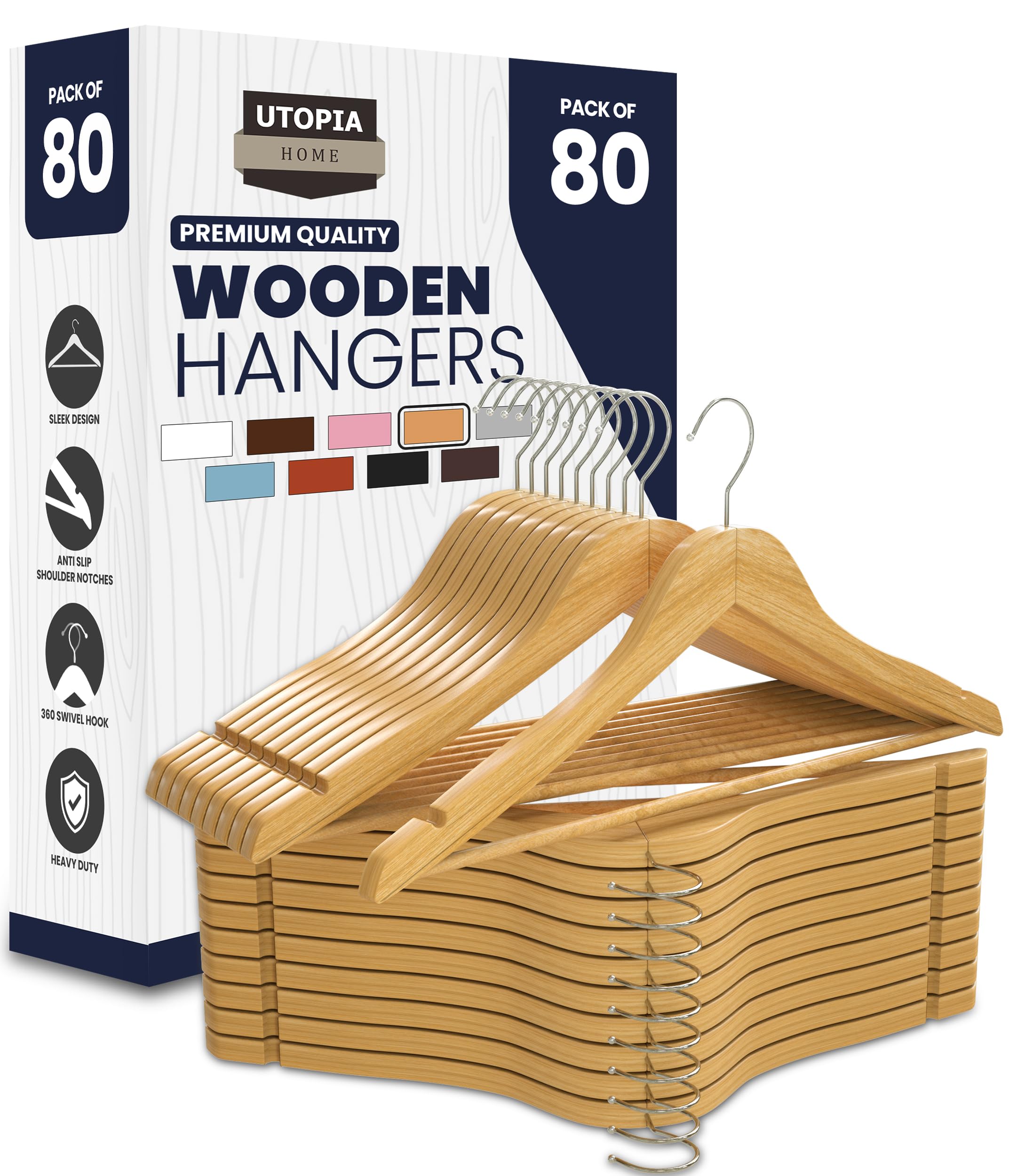 Utopia Home Premium Wooden Hangers 80 Pack - Durable & Slim Coat Hanger - Suit Hangers with 360-Degree Rotatable Hook - Wood Hangers with Shoulder Grooves (Natural Color)