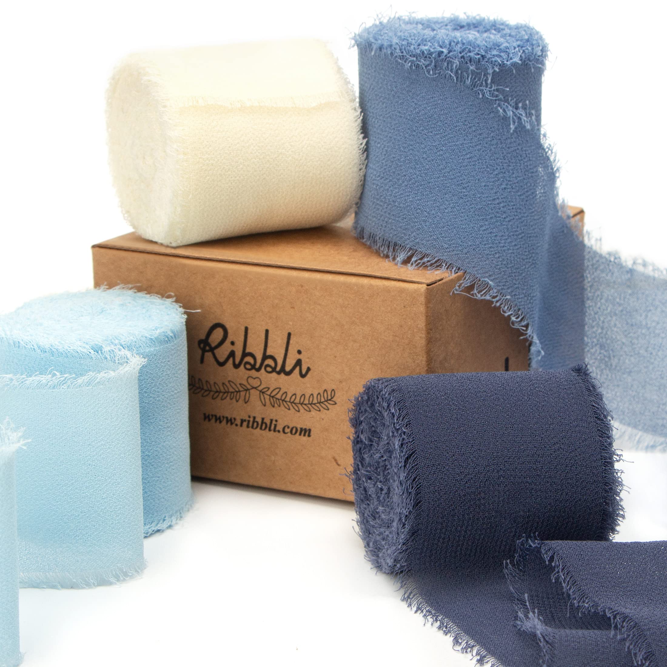 Photo 1 of Ribbli 4 Rolls Dusty Blue Chiffon Ribbon Set,Handmade Fringe Silk Ribbon Gauze,1.5 in x 5Yd Each,Ivory/Pastel Blue/Dusty Blue/Dark Blue Ribbon for Wedding Invitations, Bridal Bouquets Wrapping