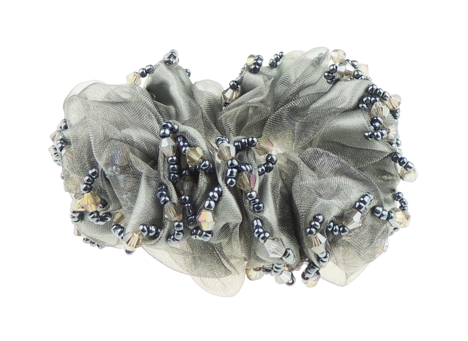 Womens Girls Chiffon Beaded Floral Fabric Scrunchie Christmas Birthday Bridal Wedding Party Ponio Hair Tie Up Back Elastic Accessories Bobbles Ponytail Holder Rubber Bands (No Flower Grey)
