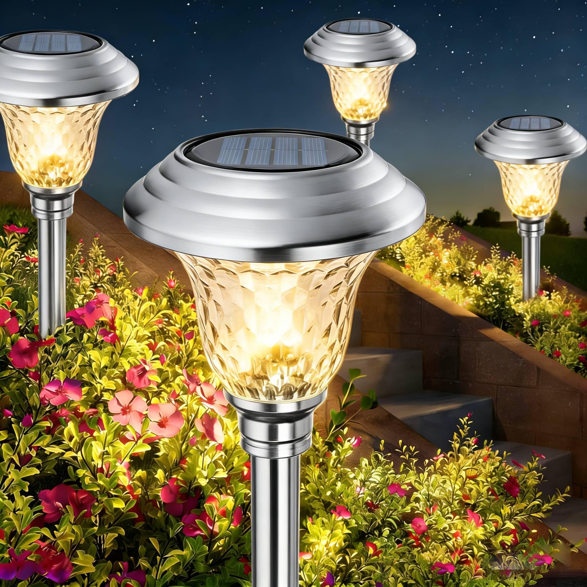 BEAU JARDIN 4 Pack Metal Garden Solar Lights Outdoor Christmas Decorations Waterproof 900mAh LED Solar Stake Glass Lens Stainless Steel Lights Outdoor Garden Stake Sun Powered Landscape Lawn