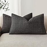 Foindtower Set of 2 Decorative Linen Check Throw Pillow Covers Neutral Farmhouse Lumbar Cushion Covers Modern Boho Home Decor for Sofa Chair Couch Bedroom Living Room,12×20 Inch,Charcoal