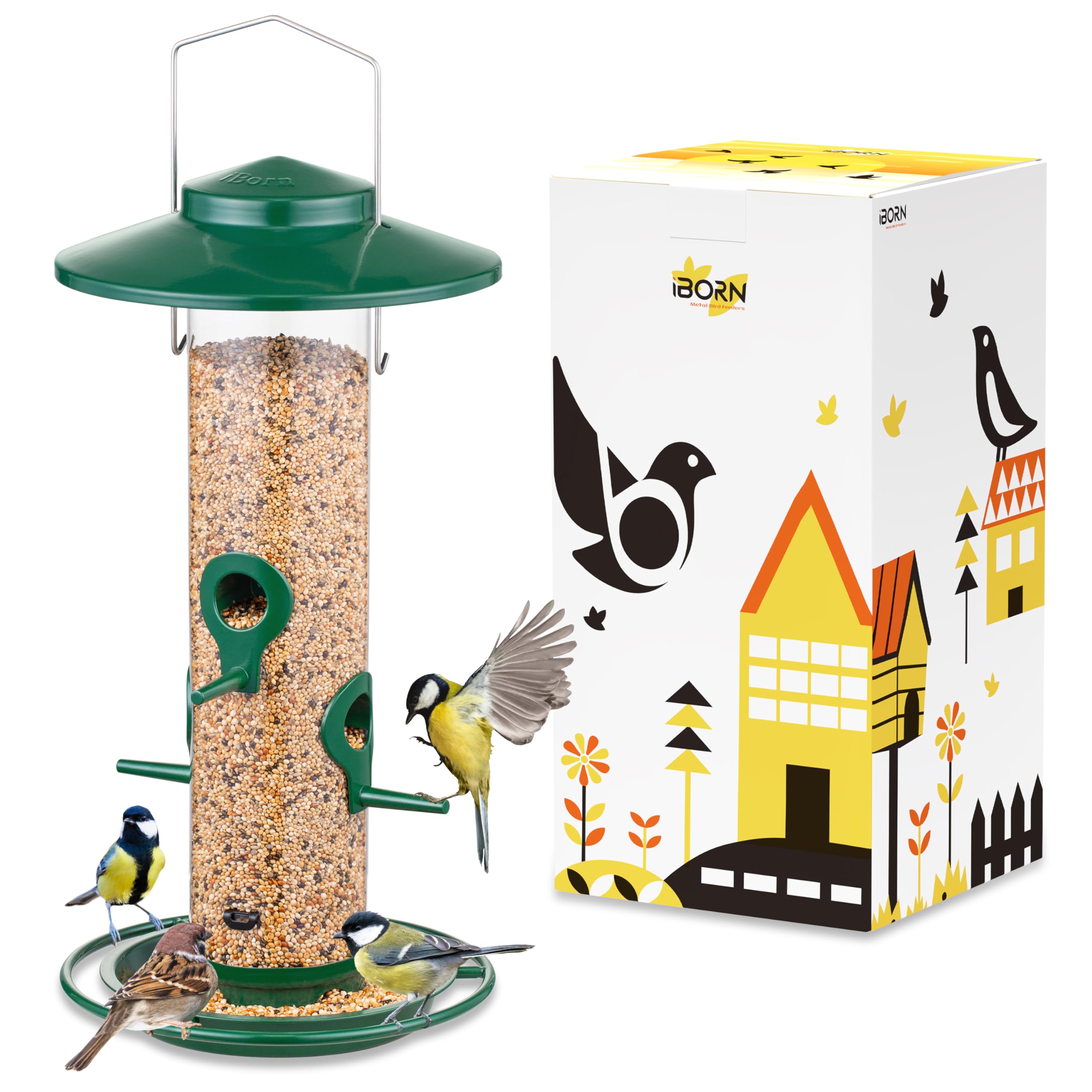 iBorn Bird Feeders for Outdoors Bird Feeder for Cardinal, 2LB Metal Bird Feeders 17cm Large Roof &Tray, 4 Feeding Ports, Green Finish