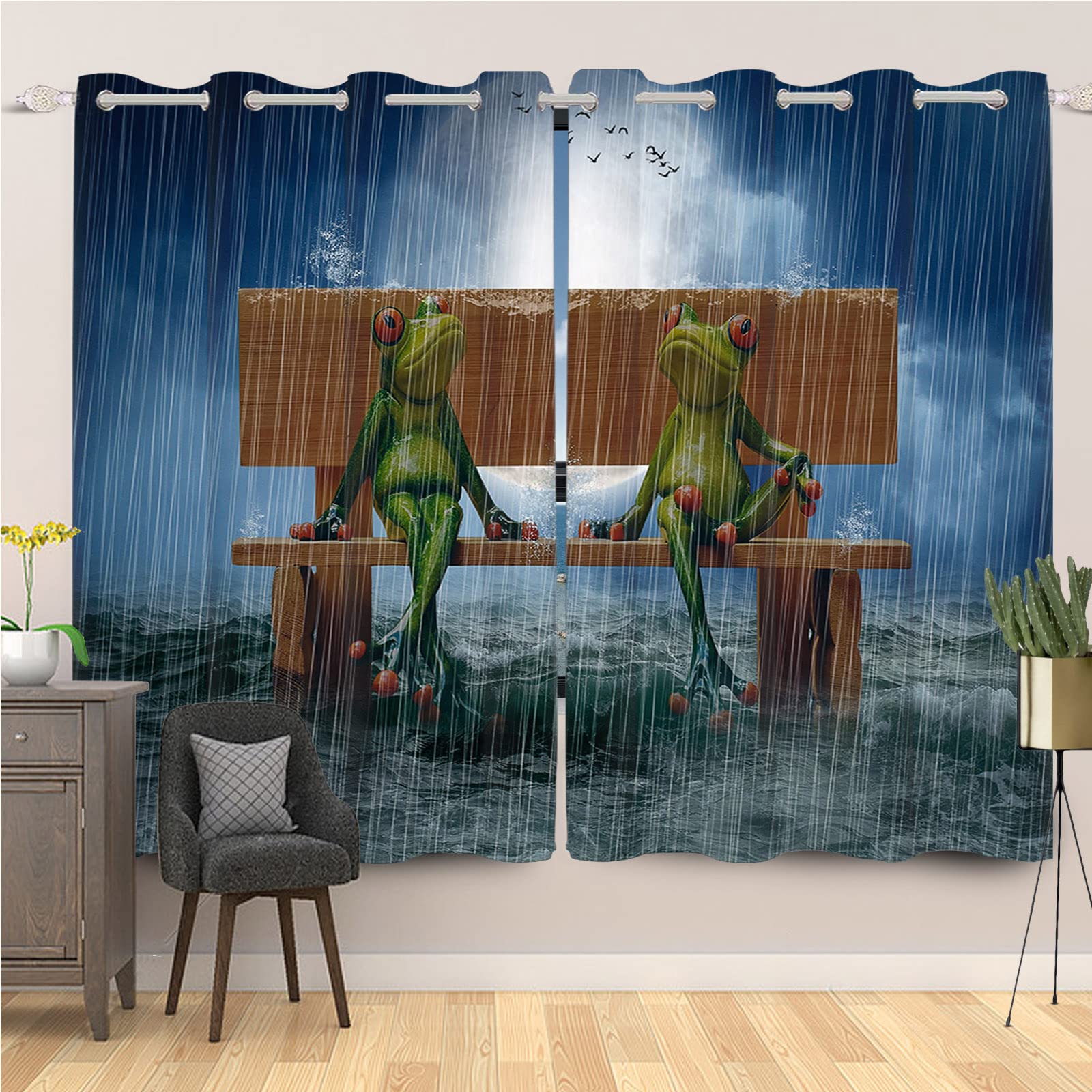 SDOTPMT 46x54inch Cartoon Frog Couples Window Curtain Funny Frogs on Wooden Chair Rainy Day Animal Window Drapes Ocean Waves Curtain for Bedroom Thermal Insulated Blackout Curtain, 2 Panels