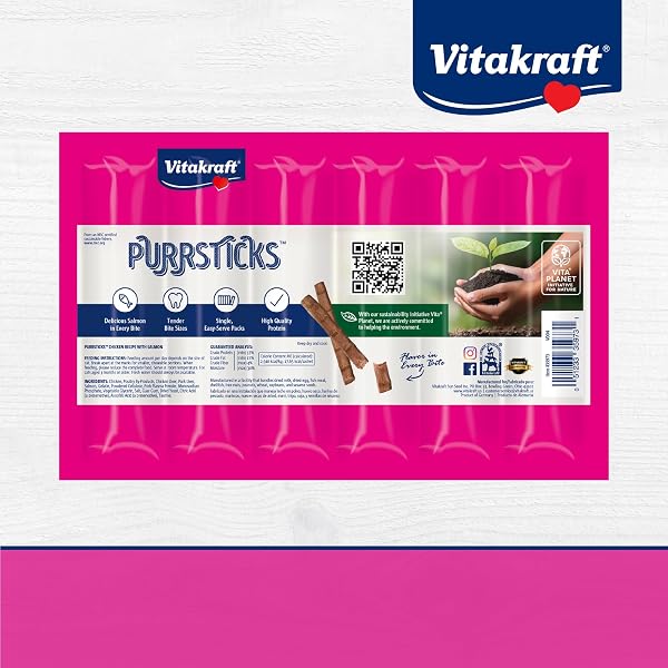 VITAKRAFT PURRSTICKS FOR CATS – NUTRITIOUS & HEALTHY SOFT CAT TREATS – GENTLY OVEN ROASTED MEAT STICKS FOR CATS W/ 70% MEAT – EASY-TO-SERVE CAT CHEW STICKS (SALMON, 24 PACK)