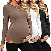JoyMotion 3 Pack Women's Thermal Maternity Shirts Long Sleeve Fleece Pregnancy Layering Top Crew Neck Base Layer Mama Clothes