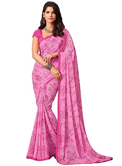 Womens Pink Georgette Printed Saree With Satin Border And Satin Georgette Blouse Material_RKRU2505D