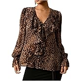GORGLITTER Women's Plus Size Cheetah Print Tops Ruffle Long Sleeve Button Down Shirt Trendy Fall Blouses