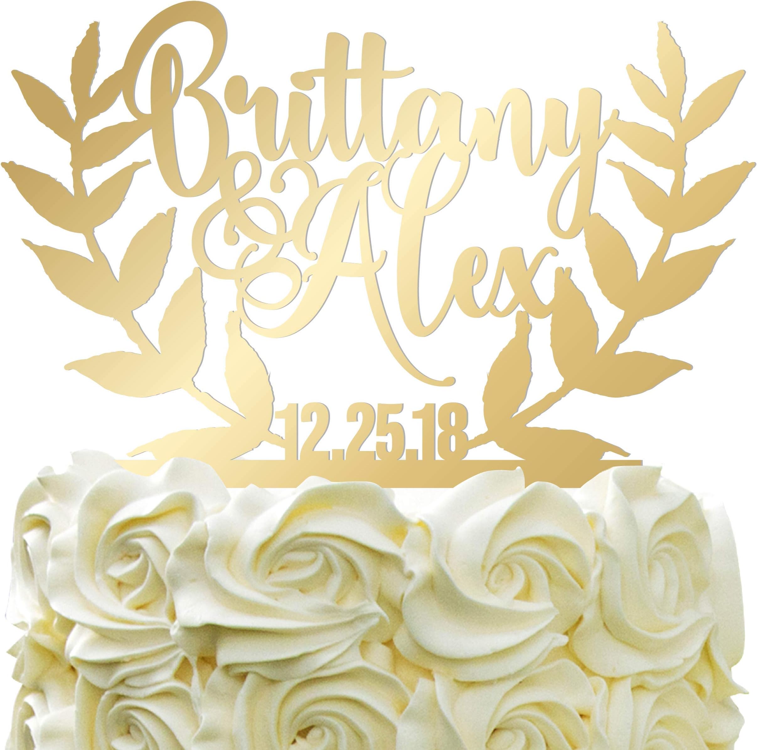 Personalized Wedding Cake Topper Wedding Cake Decoration Leaves Vector Bride Groom Name With Date Mirrored Acrylic