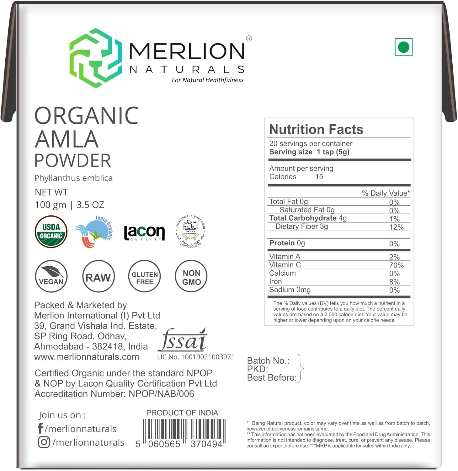 Organic Amla Powder by Merlion Naturals |Superfood | Phyllanthus Emblica | NPOP India and USDA NOP Certified 100% Organic | Supports Immunity (3.5 OZ): Health & Personal Care