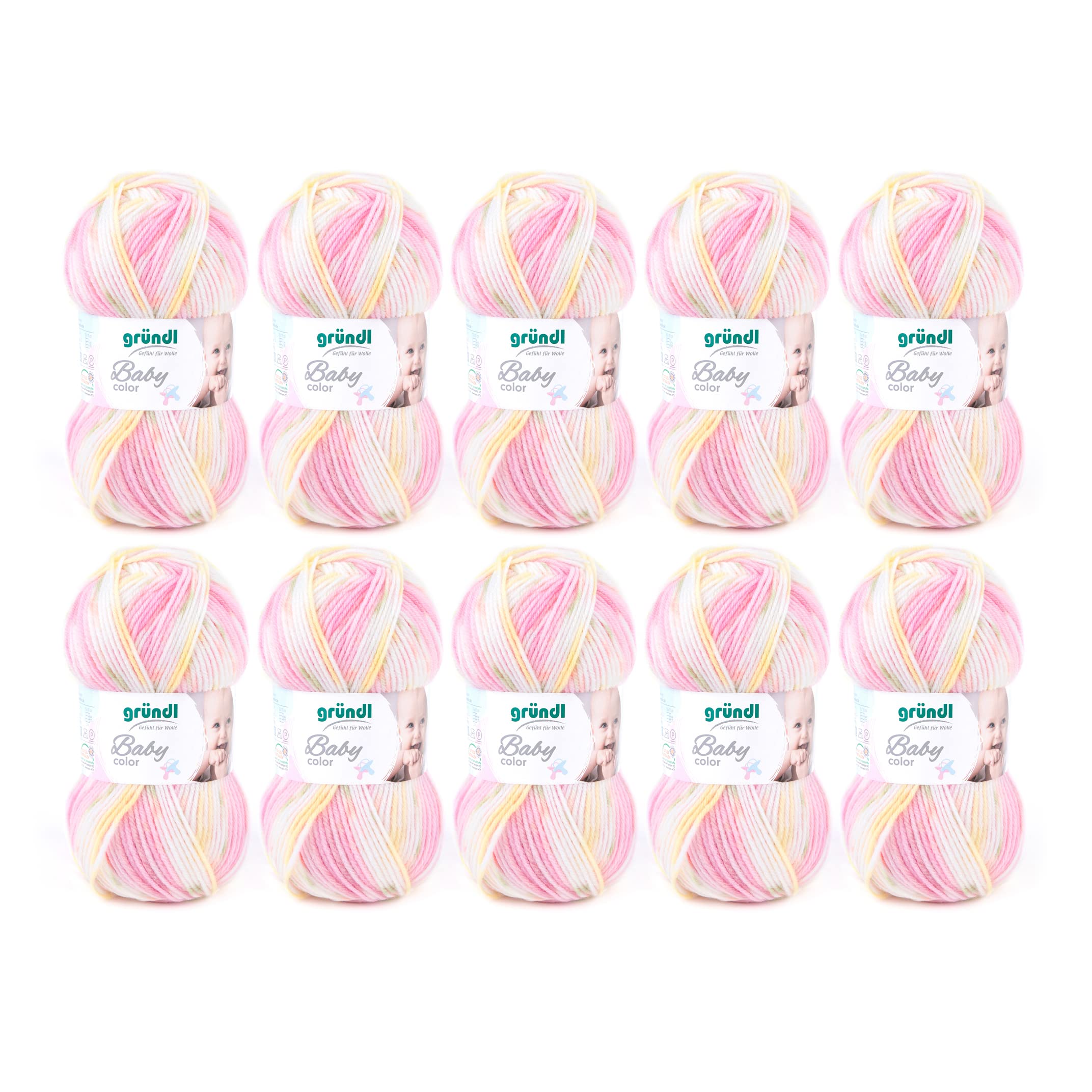 Gründl Baby Color (Knitting and Crochet Yarn with a Wool-Like Character Made of 70% Polyacrylic and 30% Polyamide, 50 g / 150 m, Needle Size: 3.5 - 4.5mm, 10 x 50 g), Coral Multicoloured