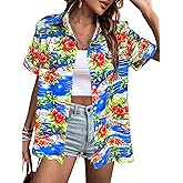 Women's Hawaiian Shirts Floral Tropic Print V Neck Button Down Shirt Summer Hawaii Short Sleeve Blouse Tops