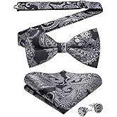 HISDERN Bow Ties for Men Pretied Bow Tie Set Paisley Classic Bowties and Pocket Square Cufflinks Set for Wedding Party