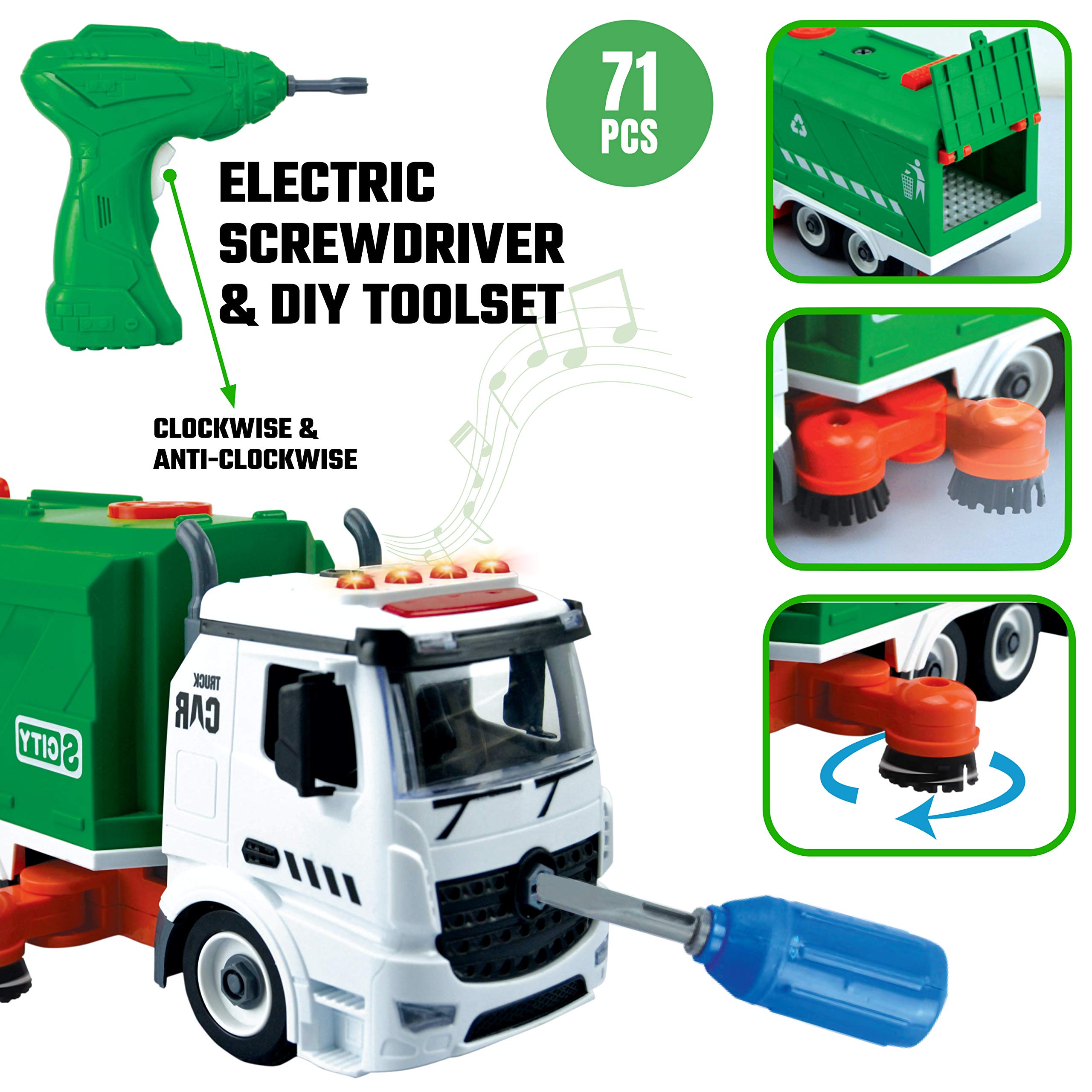 71 Pcs Take Apart Garbage Truck Playset - 1:12 Scale Push & Go + Electric Drill, Sounds & Lights, Road Signs Set, 4 Trash Cans & 40 Flash Cards for Learning - Recycling Truck for boys ages 4 5 6 7 8 +