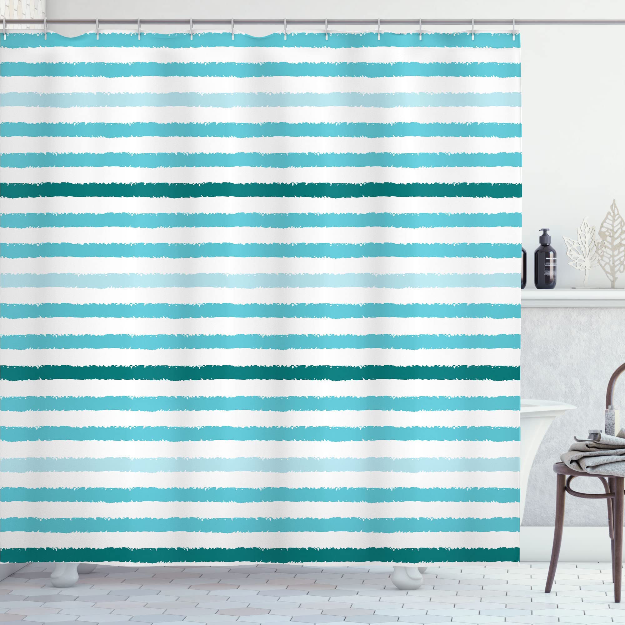 ABAKUHAUS Striped Shower Curtain, Geometric Colorful Tone Brush Style Lines Grunge Retro Digital Print, Cloth Fabric Bathroom Decor Set with Hooks, 175 x 200 cm, Blue Black