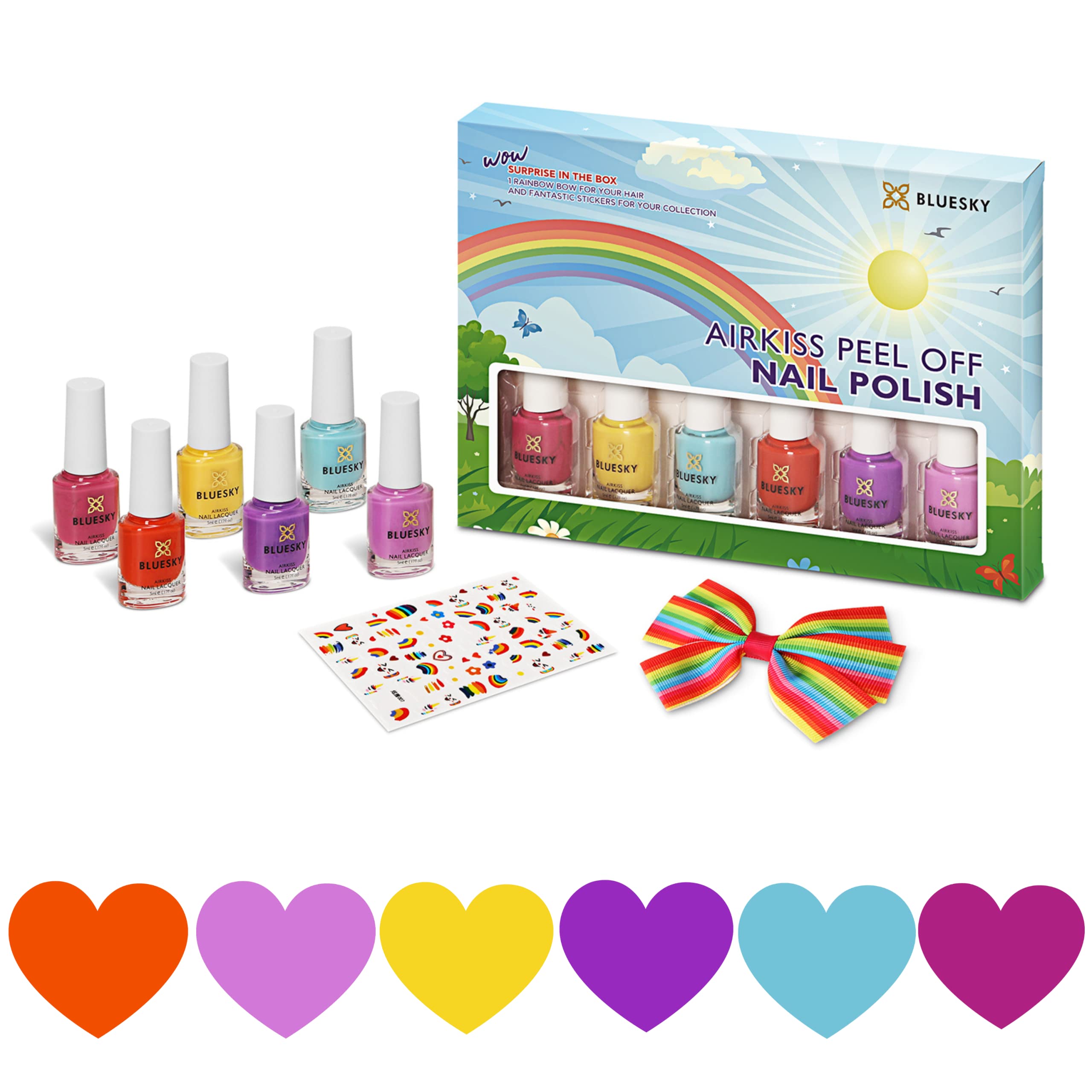 Bluesky Kids Nail Varnish Set For Girls and Boys, Peel Off Non Toxic Water Based, 6 Colours, Hair Bow & Nail Stickers for kids, Children’s Nail Varnish Set, Stocking Filler for Children Age 3+