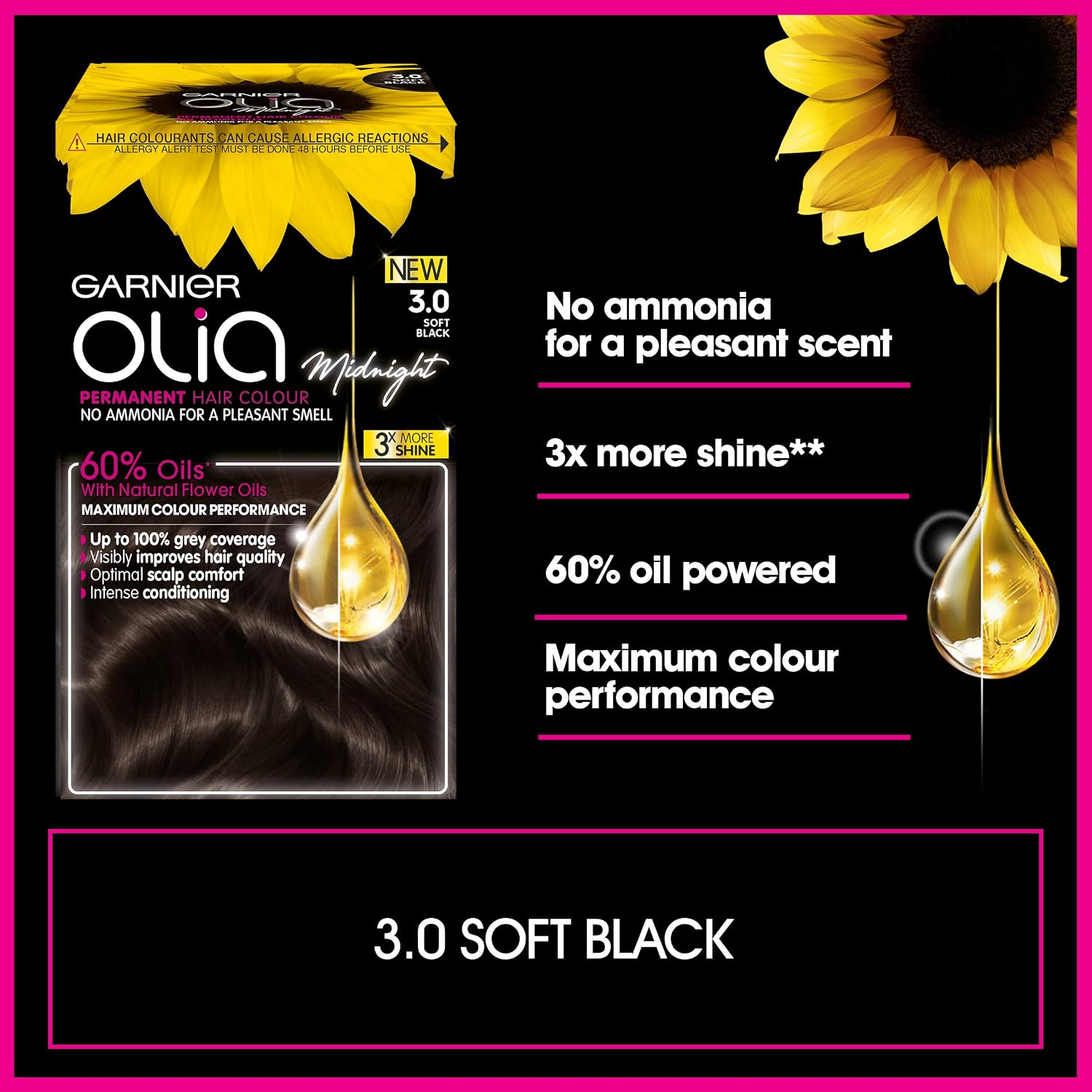 Garnier Olia Soft Black Permanent Hair Dye, Up to 100% Grey Hair Coverage, NO Ammonia, 60% Oils - 3.0 Soft Black - Image 3