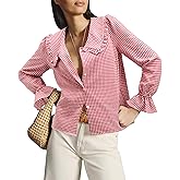 siliteelon Plaid Shirts for Women Gingham Top Button Down Shirts Peter Pan Collar Puff Long Sleeve Cotton Casual Work Blouse