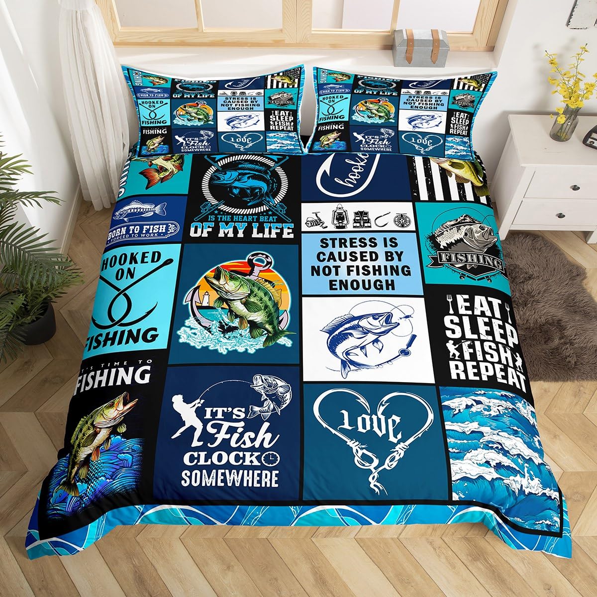 Go Fishing Kids Duvet Cover Set Double Size,Bass Fish Hook Geometric Plaids Bedding Set,Teens Adults Room Decor,Sea Waves Rustic Camper Comforter Cover,Blue Fashion Quilt Cover,2 Pillowcases โ image 1