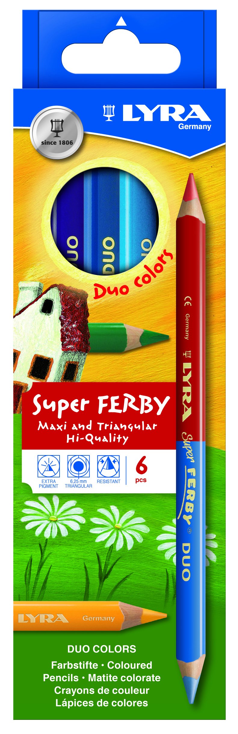 LYRA Super Ferby Duo Bi-Colour Wooden Chunky Colouring Pencils, 6 Assorted Colours, For Children and Schools