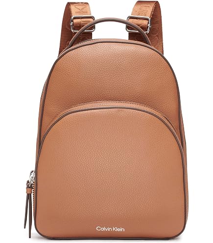 Calvin Klein Women's Millie Backpack for Women – Vegan Leather Monogram Backpack, 2 Pockets, Almond/Taupe/Caramel, One Size: Clothing, Shoes & Jewelry