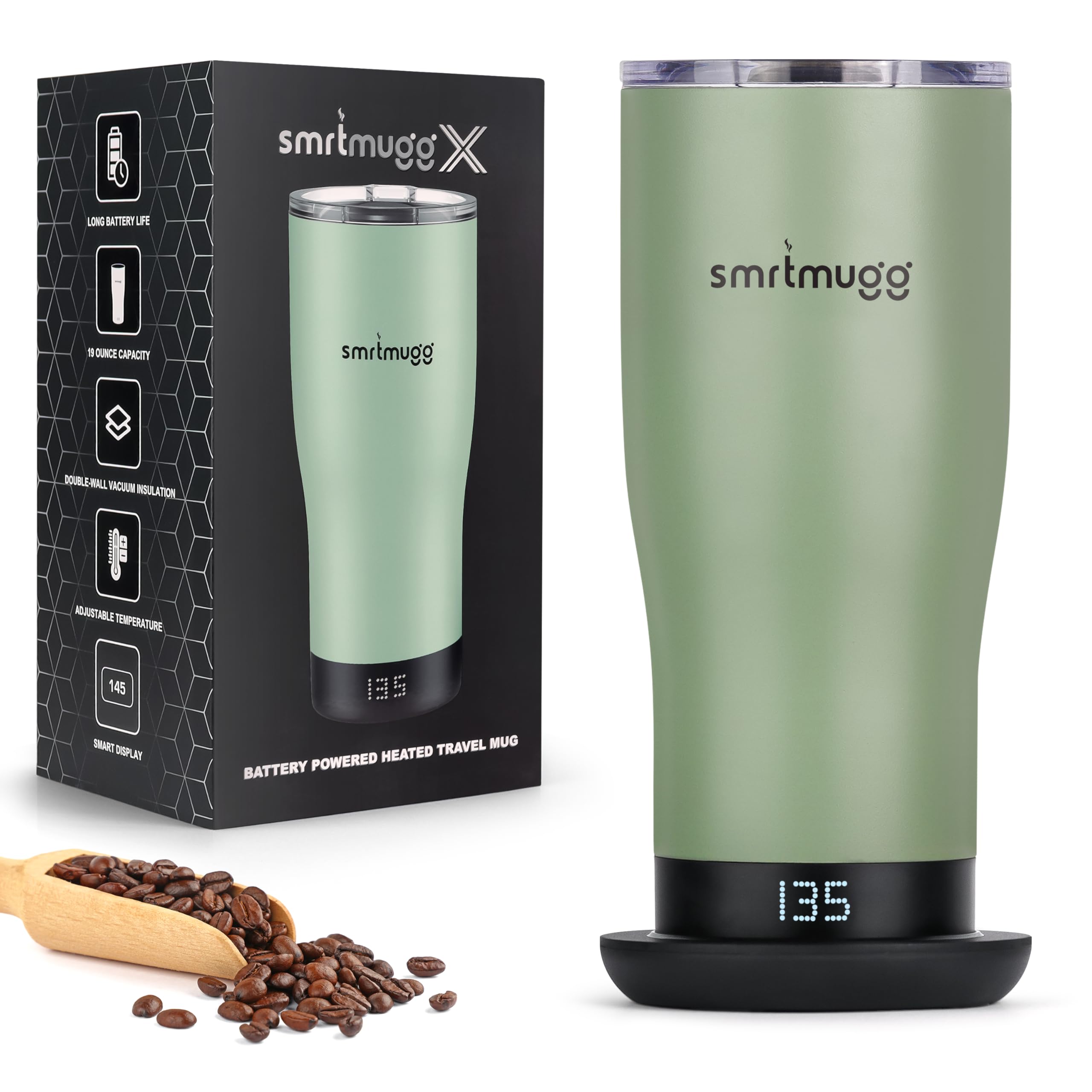 Photo 1 of SMRTMUGG X Heated Coffee Mug 19 oz., 8 Hour Battery Life, Self-Heating, Adjustable Temp Controlled, LCD Screen, Includes Cover with Magnetic Slider (Black) (Sage Green)