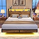 BedsPick Queen Size Bed Frame with 2-Tier Storage Headboard, Sturdy Metal Platform Bed Frame with Charging Station & LED Lights, Noise-Free/Metal Support/No Box Spring Needed, Rustic Brown