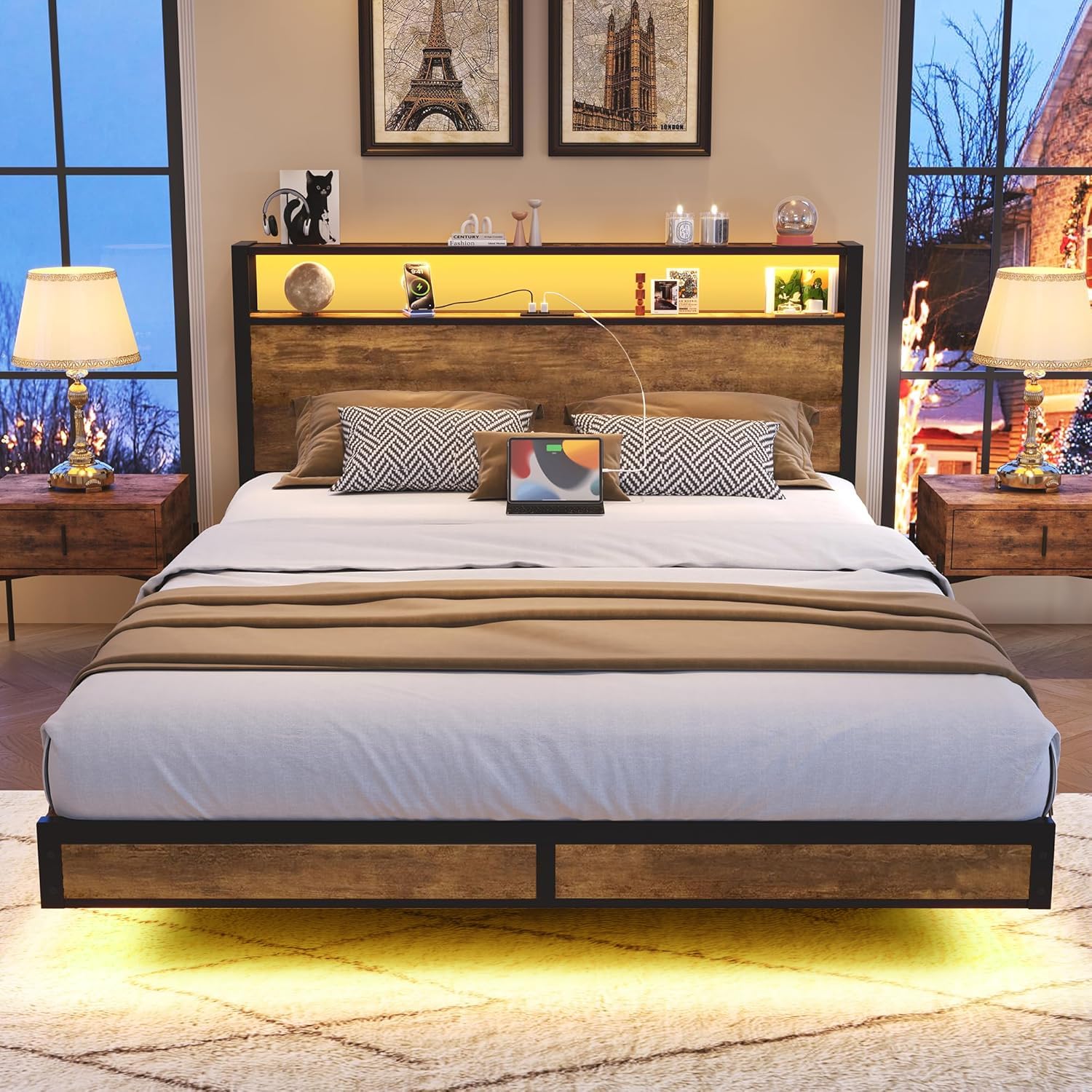 Photo 1 of *UNTESTED*
BedsPick Full Size Bed Frame with 2-Tier Storage Headboard, Sturdy Metal Platform Bed Frame with Charging Station & LED Lights, Noise-Free/Metal Support/No Box Spring Needed, Rustic Brown