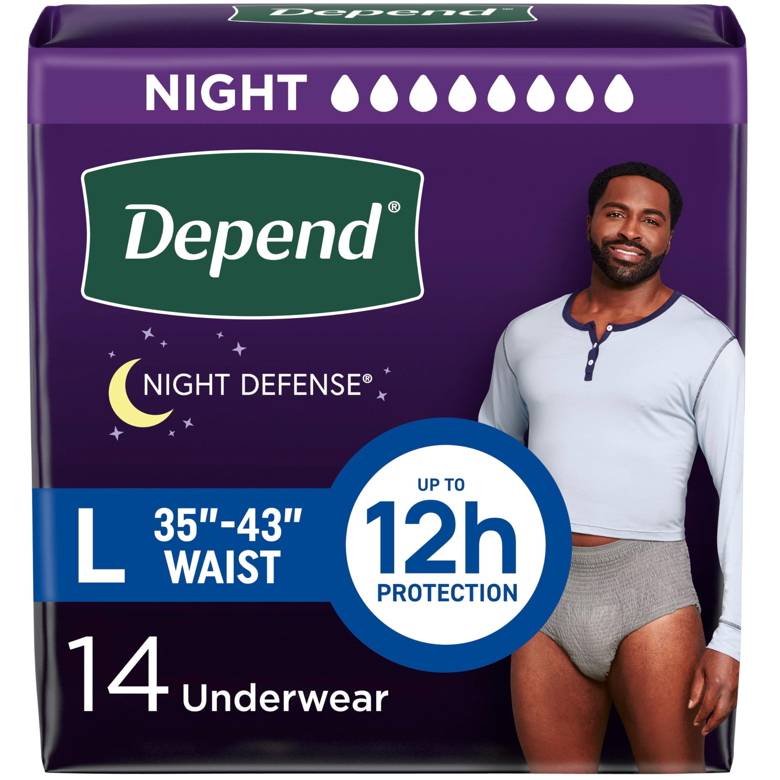 Photo 1 of Depend Night Defense Adult Diapers, Incontinence Underwear for Men, Disposable, Overnight, Large, Grey, 14 Count, Packaging May Vary