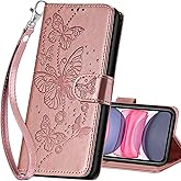 SASYMALY for iPhone 11 Wallet case, Flip Folio Cover with Stand Feature for Women Men, PU Leather Phone Case Fit for iPhone 11 6.1'' [Rose Gold-Butterfly]