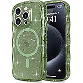 Pepmune Magnetic for iPhone 15 Pro Case Clear, Sparkly Bling Glitter Cute Curly Wave Transparent Cover for Women Men Compatible with MagSafe Shockproof Protective Phone Case for iPhone 15 Pro, Green