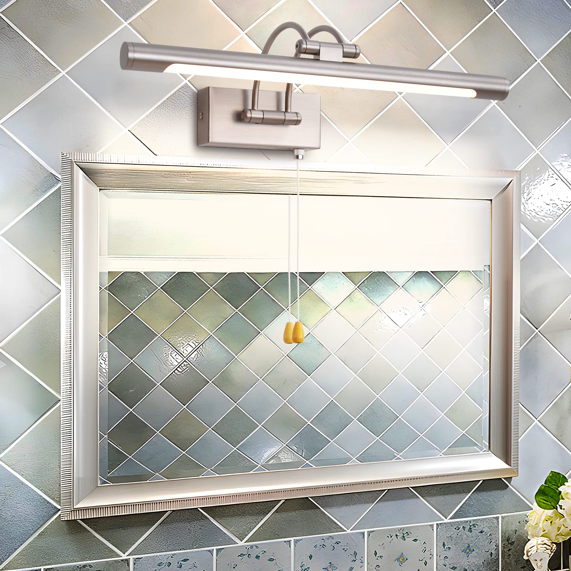 MantoLite Nickel Bathroom Over Mirror Light with Pull Cord 40CM Vanity Mirror Lights Picture Light with Ajustable Arm Hotel Bedside 3000K Reading Lamp Display Lamps IP44 8W