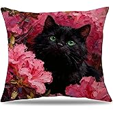 AgriFusion Tech Spring Garden Black Cat Pillow Cover 18x18, Cats Lovers Lady Gifts, Black Cat in Pink Floral Decorative Pillow Covers for Home Bedroom Living Room Office Decor