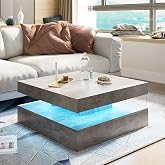 HedoAjim Grey LED Coffee Table for Living Room, Living Room Table 2-Tier Square Middle Center Table, Modern Coffee Tables with Storage, Contemporary Wood Tea Tables for Dining Reception